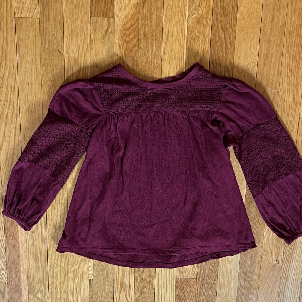 Old Navy Girls Large 10-12 Cranberry Maroon Long Sleeve Blouse Crochet Accent